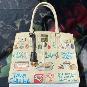 VanRahDesign hand painted BCBG purse with lock —Painting “Curry Jinga : Cream”